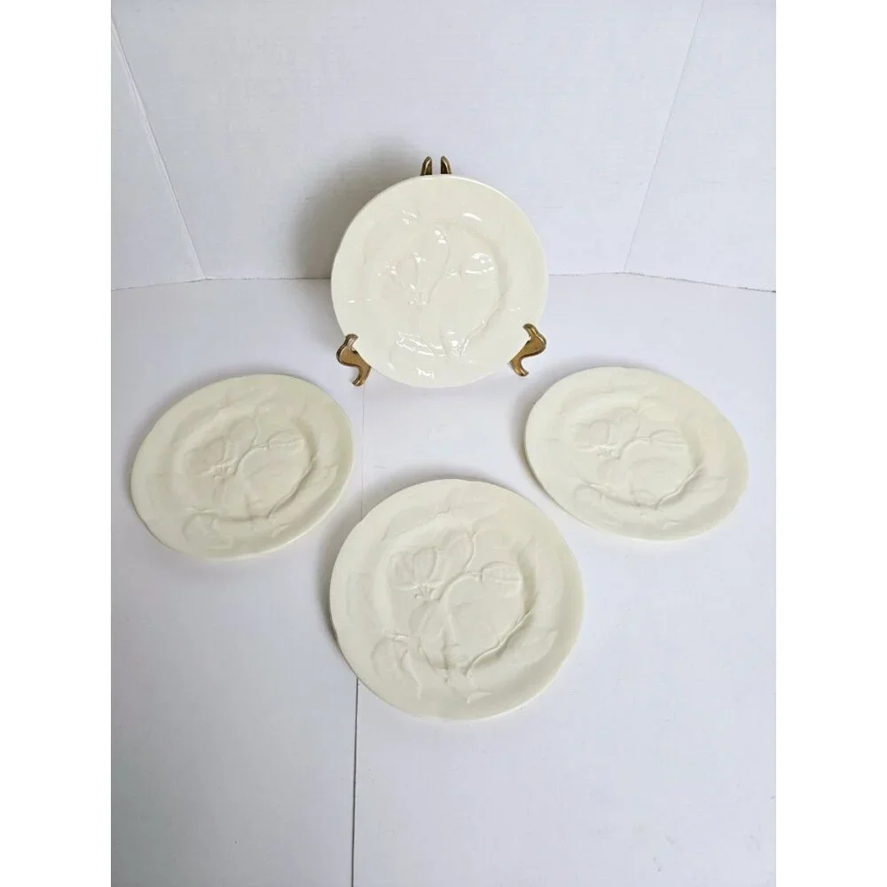 WILLIAM SONOMA Yellow Cream Salad Plates Embossed Botanical Portugal Set…